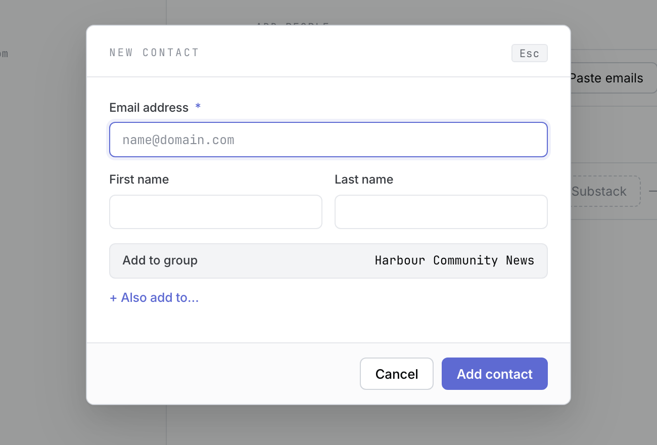 The Add contact dialog with email and name fields and an option to add more groups.