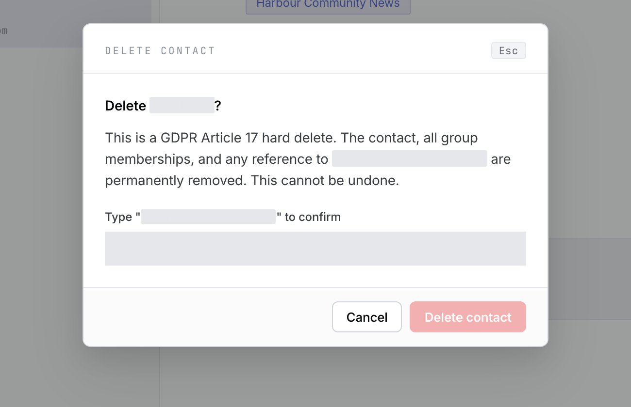 The Delete contact confirmation with name and email details privacy-masked and the permanent-erasure warning visible.