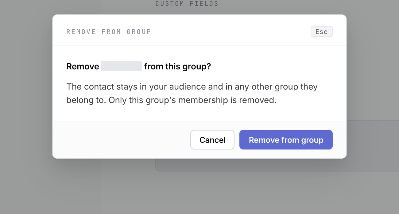 The Remove from group confirmation, with the contact name privacy-masked, explaining that the contact remains in Groupmail.