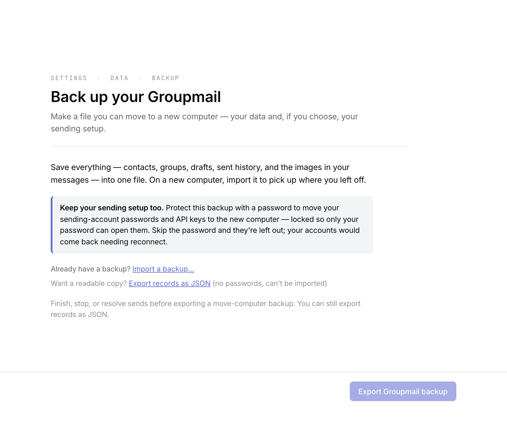 The Backup page disables Export Groupmail backup during unresolved sends while JSON export stays available.
