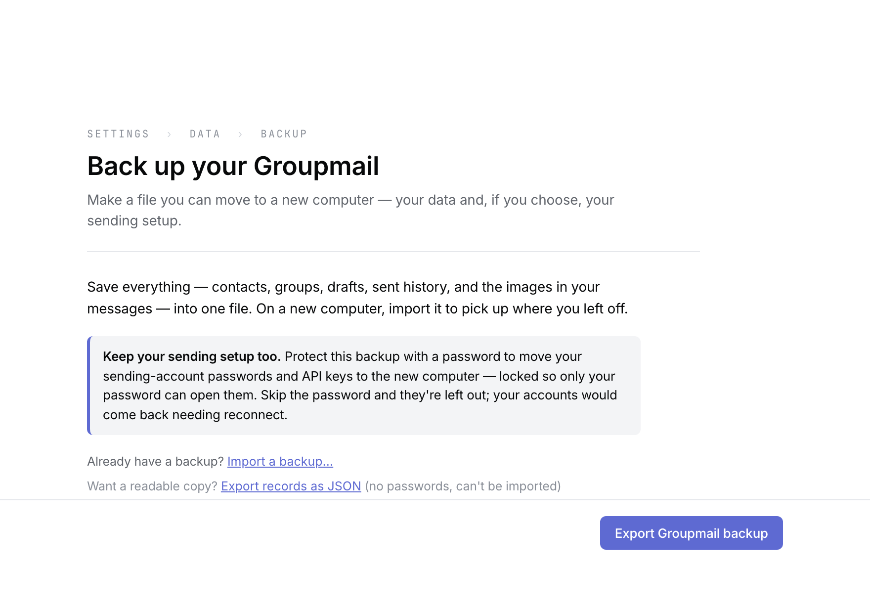 The Backup page shows Export Groupmail backup, Import a backup and Export records as JSON.