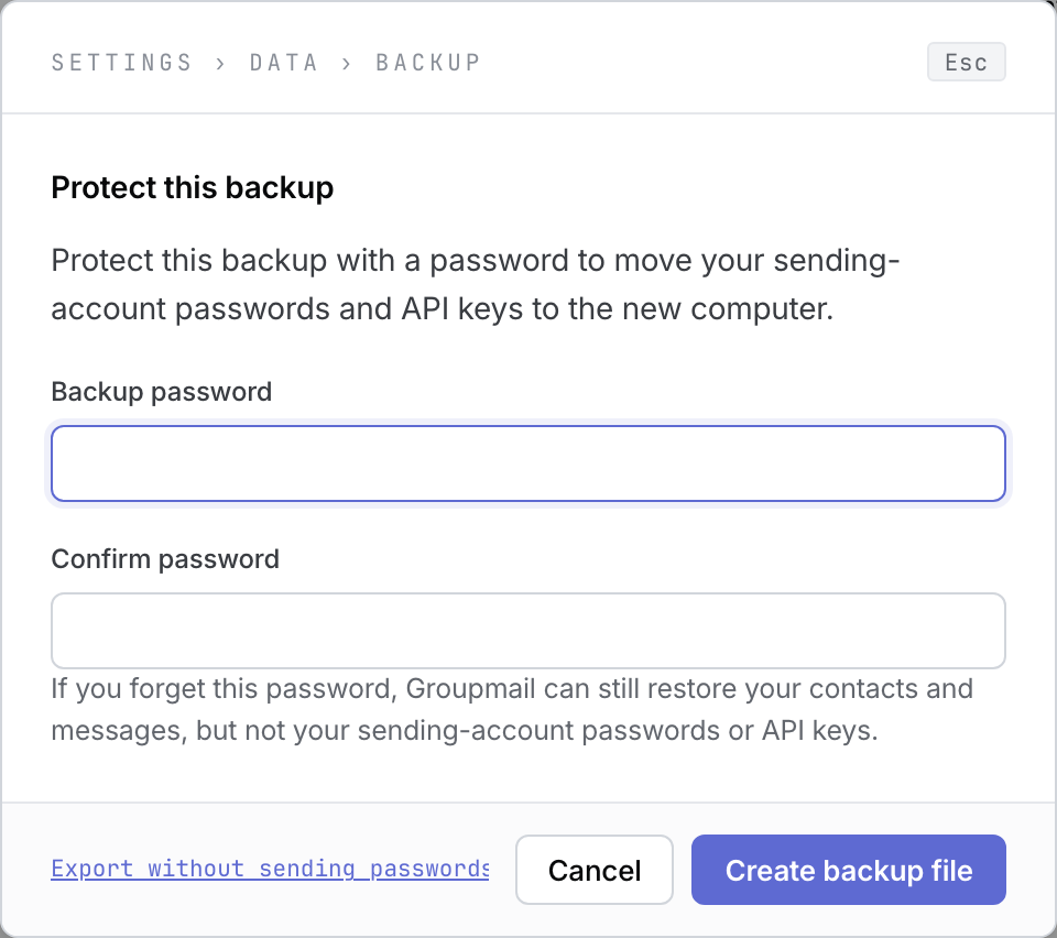 The Protect this backup dialog with empty password and confirmation fields and the export-without-passwords option.