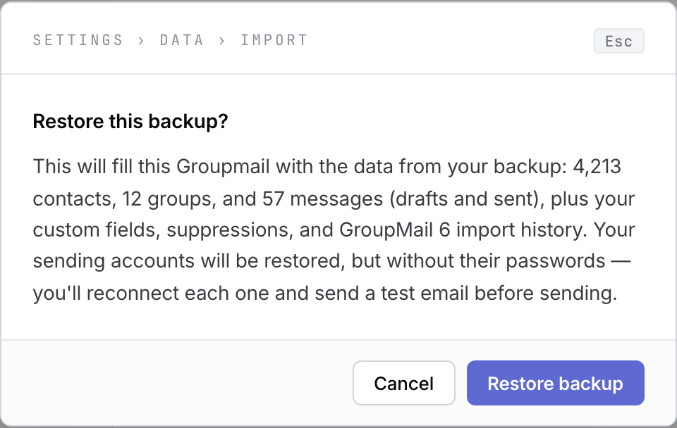 The Restore this backup confirmation showing fictional contact, group and message counts and that sending passwords are absent.