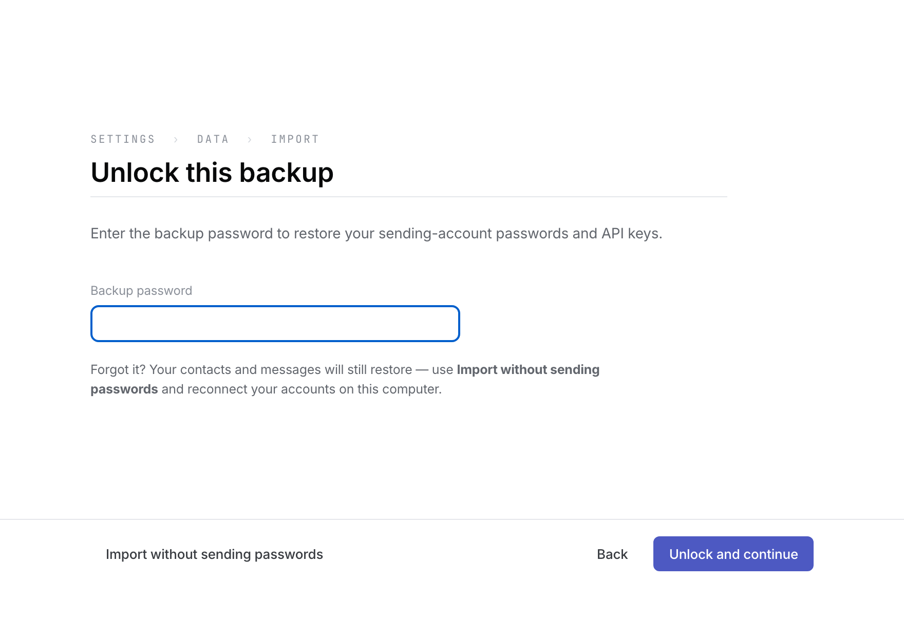 Unlock this backup offers an empty password field and Import without sending passwords.