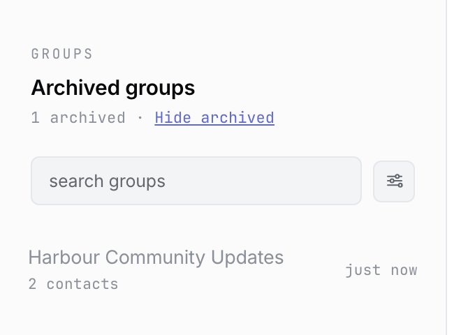The All groups pane with Show archived enabled and the archived Harbour Community Updates group visible.