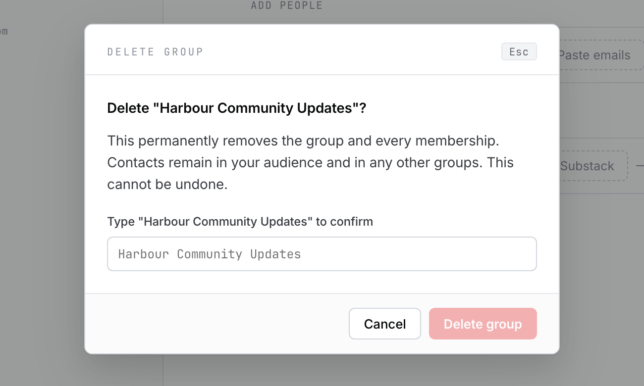 The Delete group confirmation explaining that contacts remain after the group is removed.