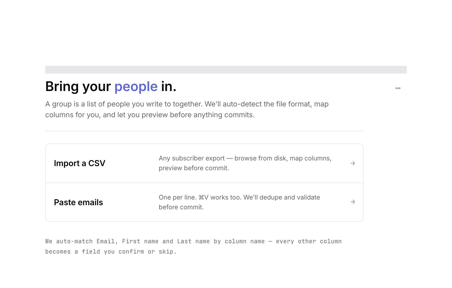An empty Harbour Community News group showing Import a CSV and Paste emails as the two ways to add people.