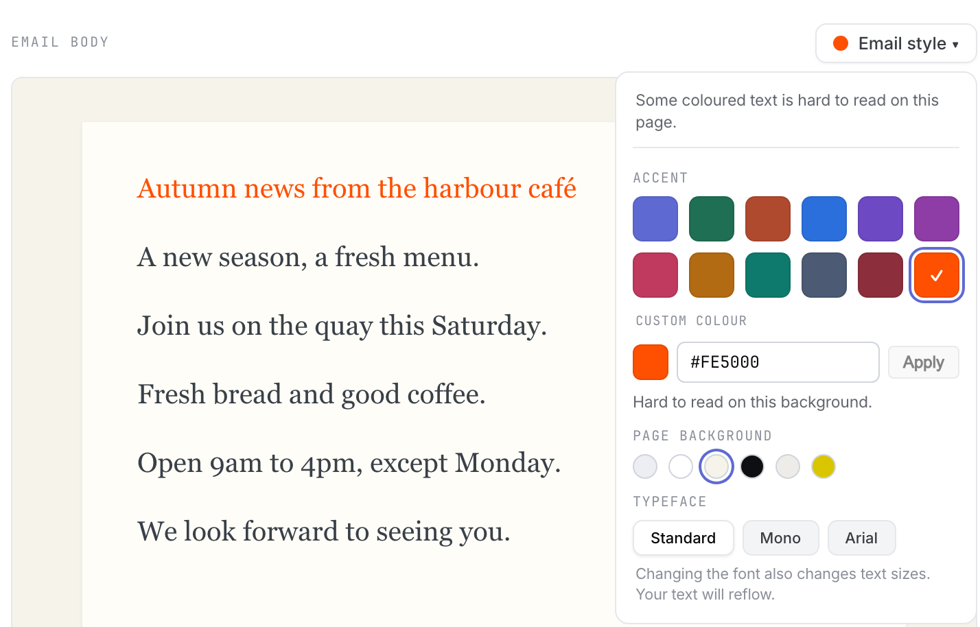 Email style with the Custom colour field set to #FE5000, the selected orange swatch and the readability note.