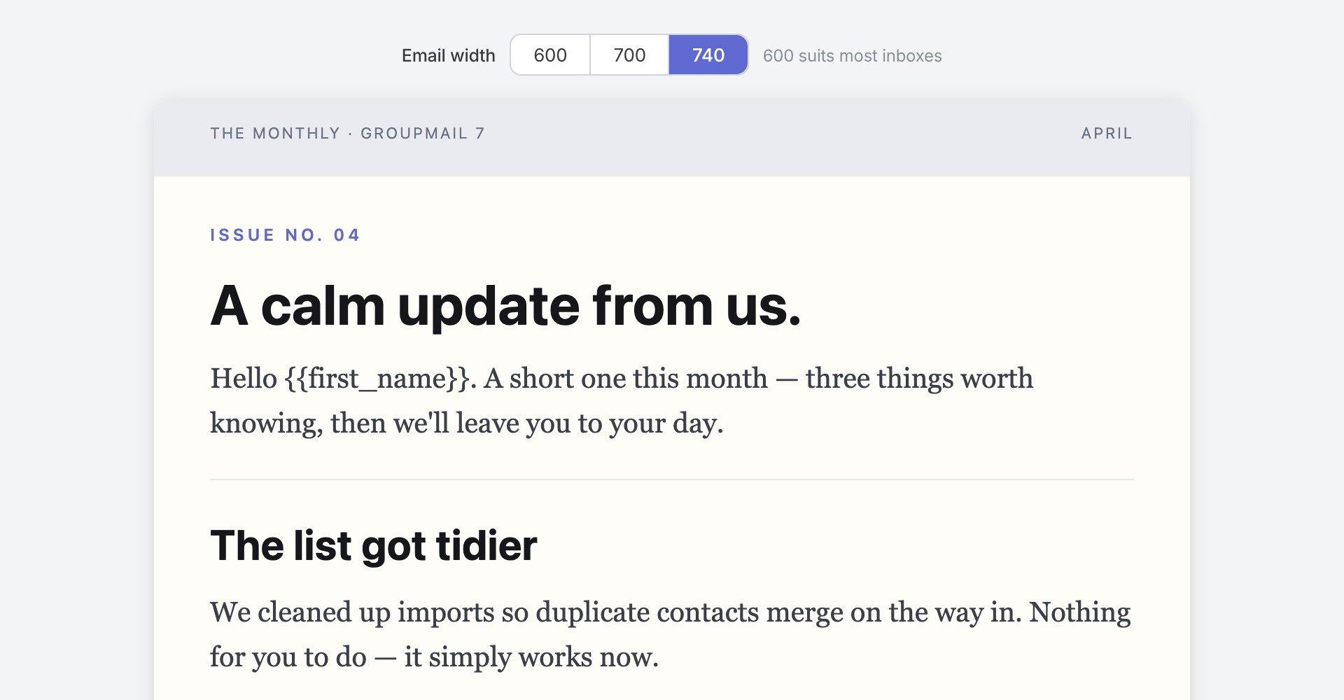 The Simple Editorial full preview with Email width set to 740, beside the note 600 suits most inboxes.