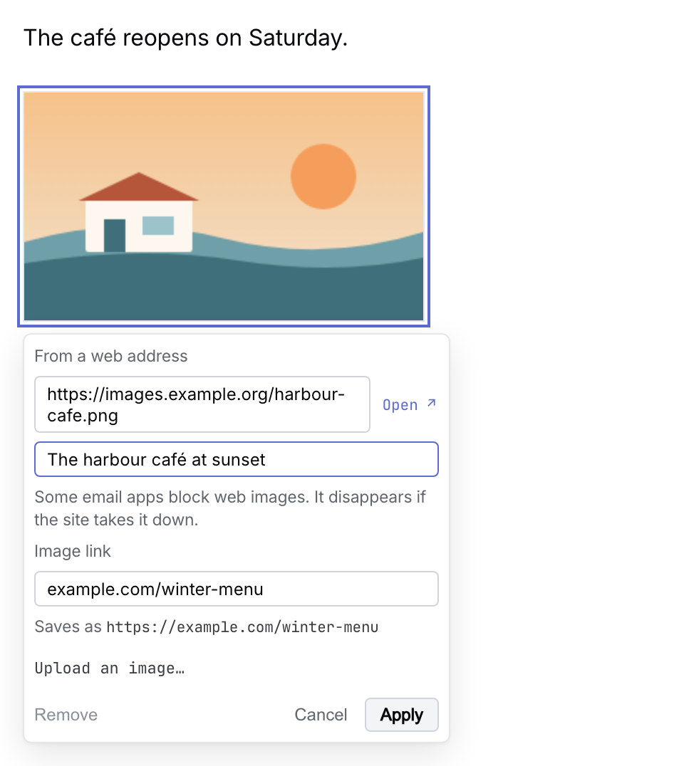 The Markdown picture form with Image link set to example.com/winter-menu and the line Saves as https://example.com/winter-menu.