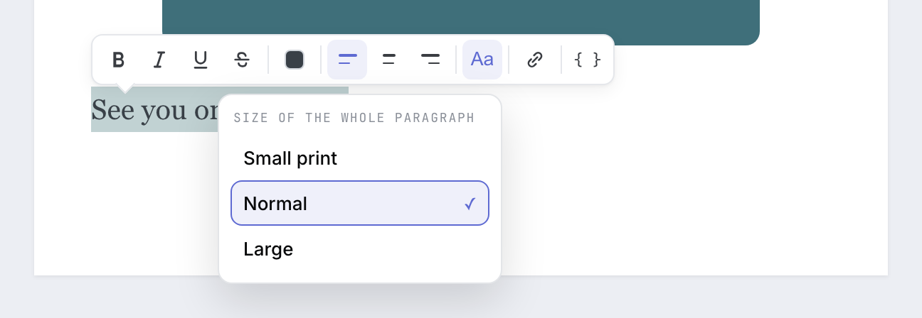 The Aa menu open over a paragraph, showing Small print, Normal and Large with Normal ticked.