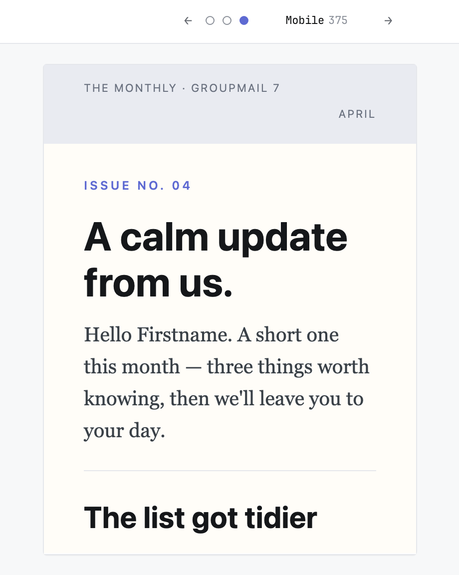 The phone preview of a 740-wide email made from a starter, laid out at phone width with readable text.