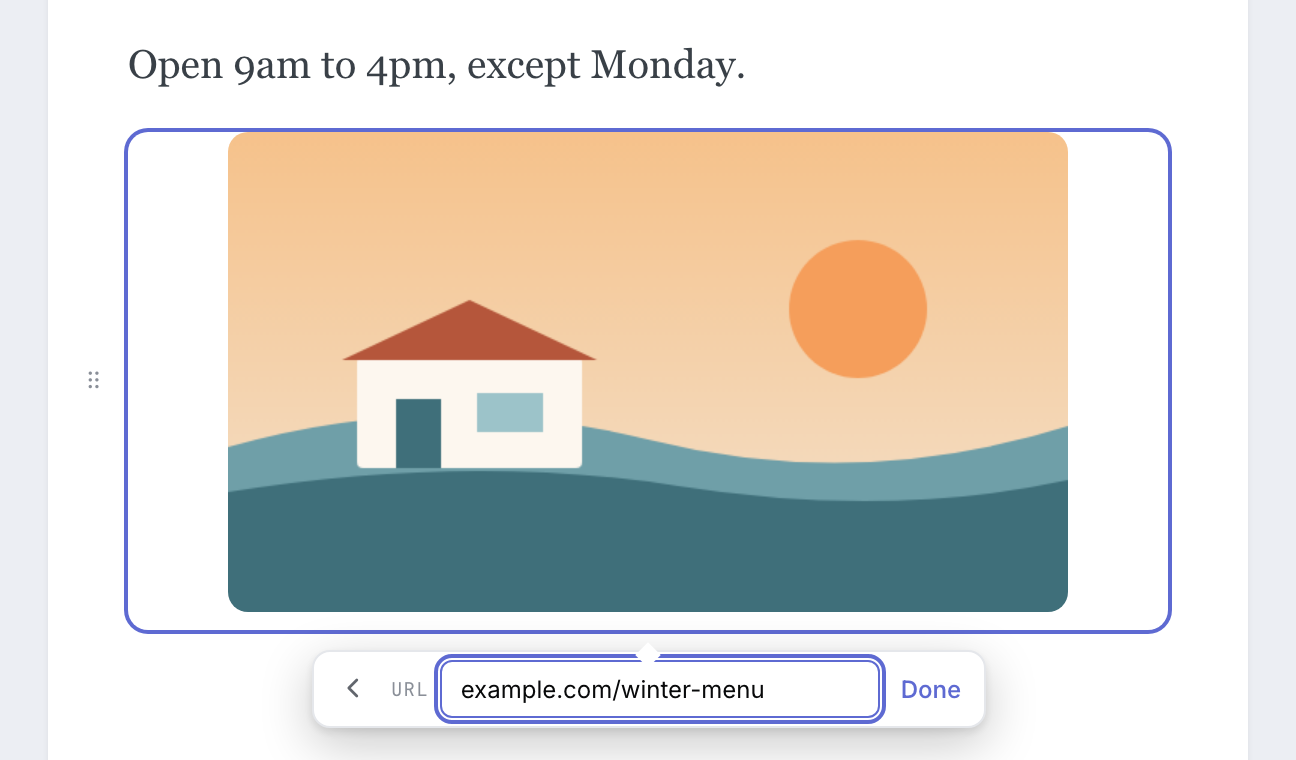 A picture selected with its link field open, holding example.com/winter-menu beside a Done button.