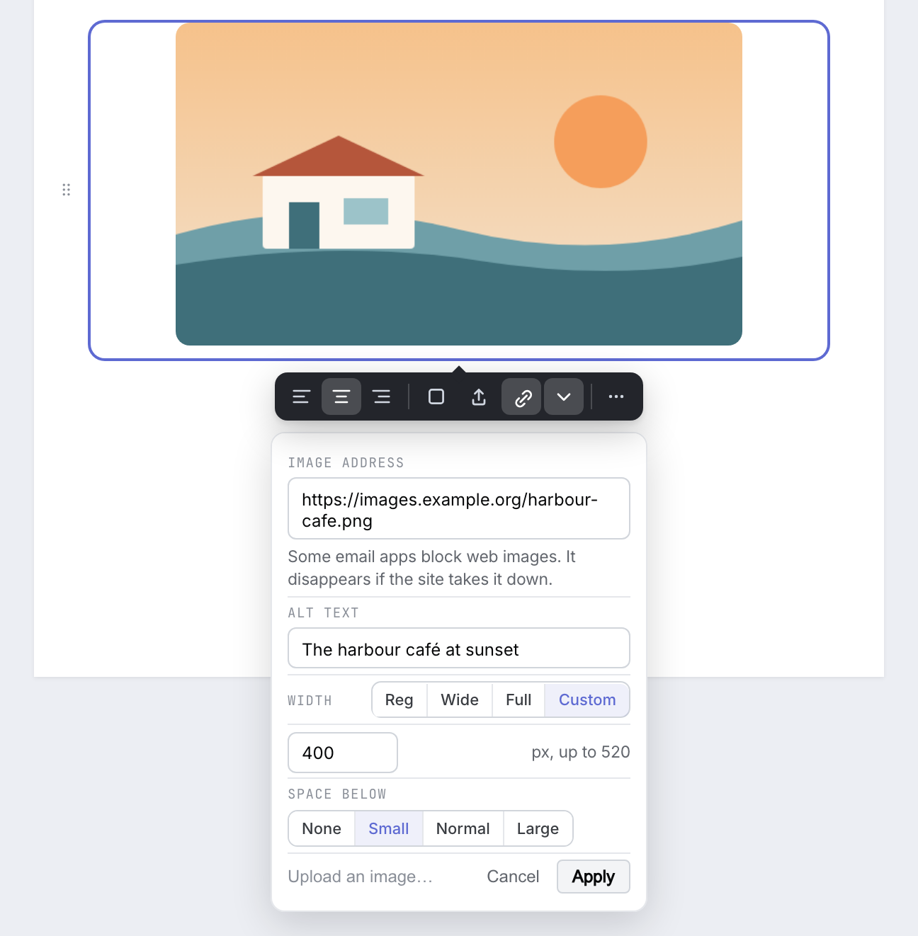 The picture settings panel with Custom width set to 400 pixels, up to 520, and Space below set to Small.