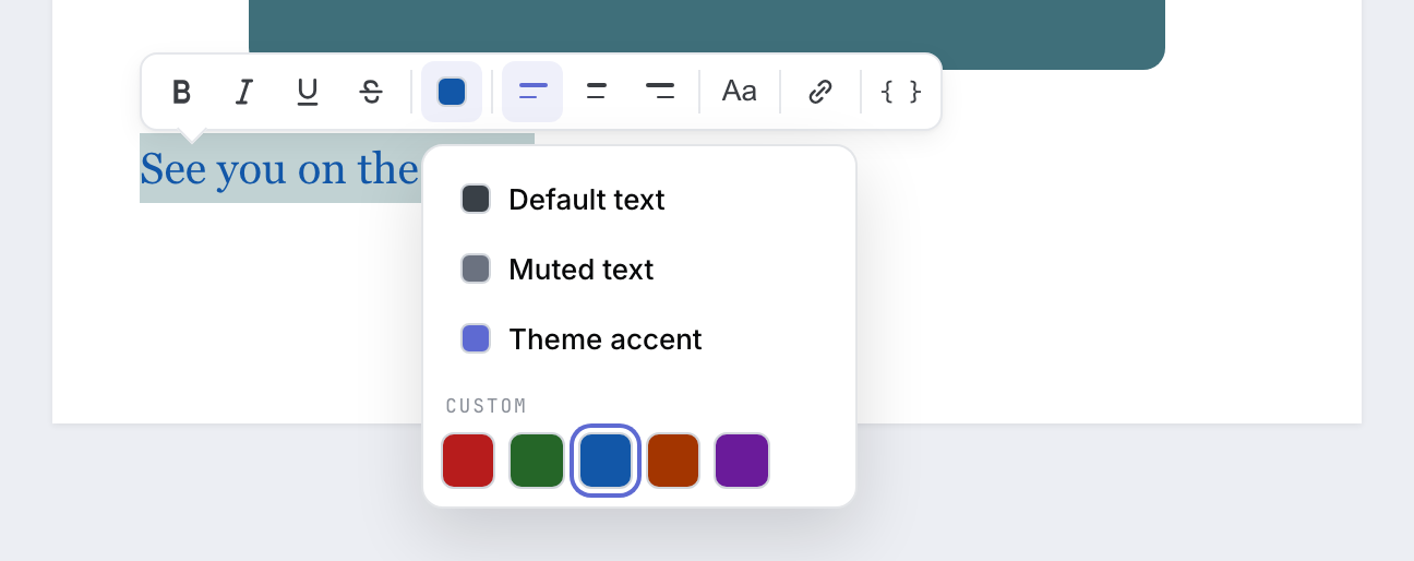 The text colour menu with Default text, Muted text, Theme accent and five custom colours, with Blue chosen.