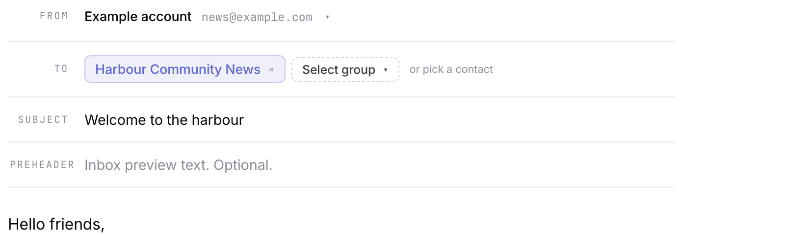 Draft showing verified From account, group in To, subject and message body.