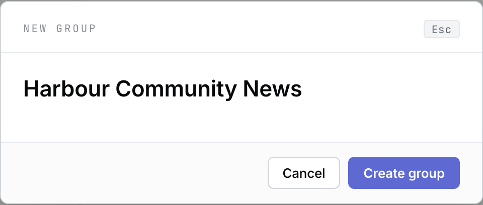 New group dialog with the fictional Harbour Community News name and Create group button.