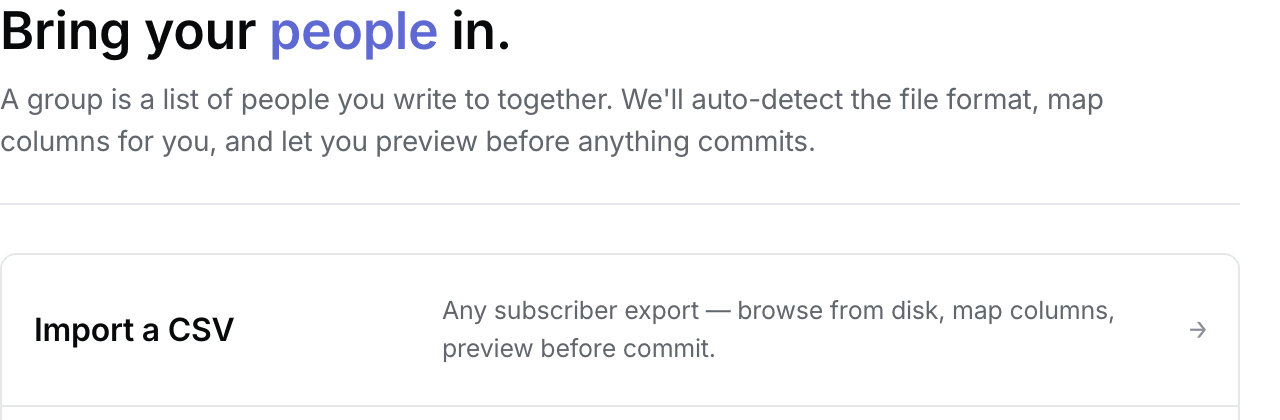 New group empty state with Bring your people in and Import a CSV action.