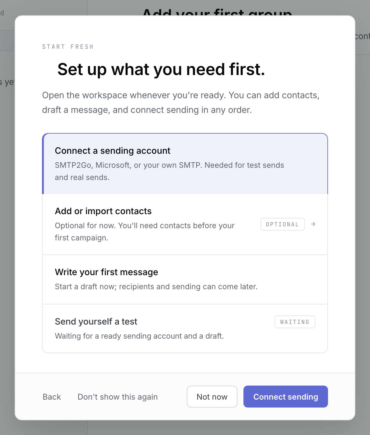 Set up what you need first checklist with Connect a sending account, optional contacts, Write your first message and Send yourself a test waiting.