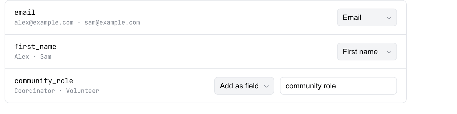 CSV mapping screen with Email and optional fields.