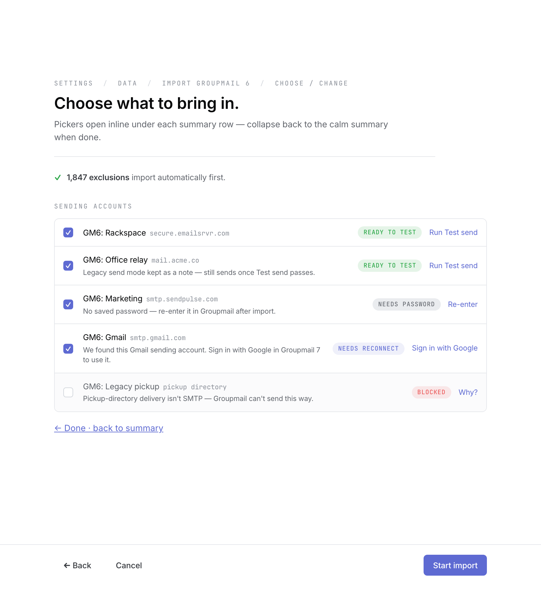 The expanded sending-account picker showing ready-to-test, password, reconnect and blocked states.