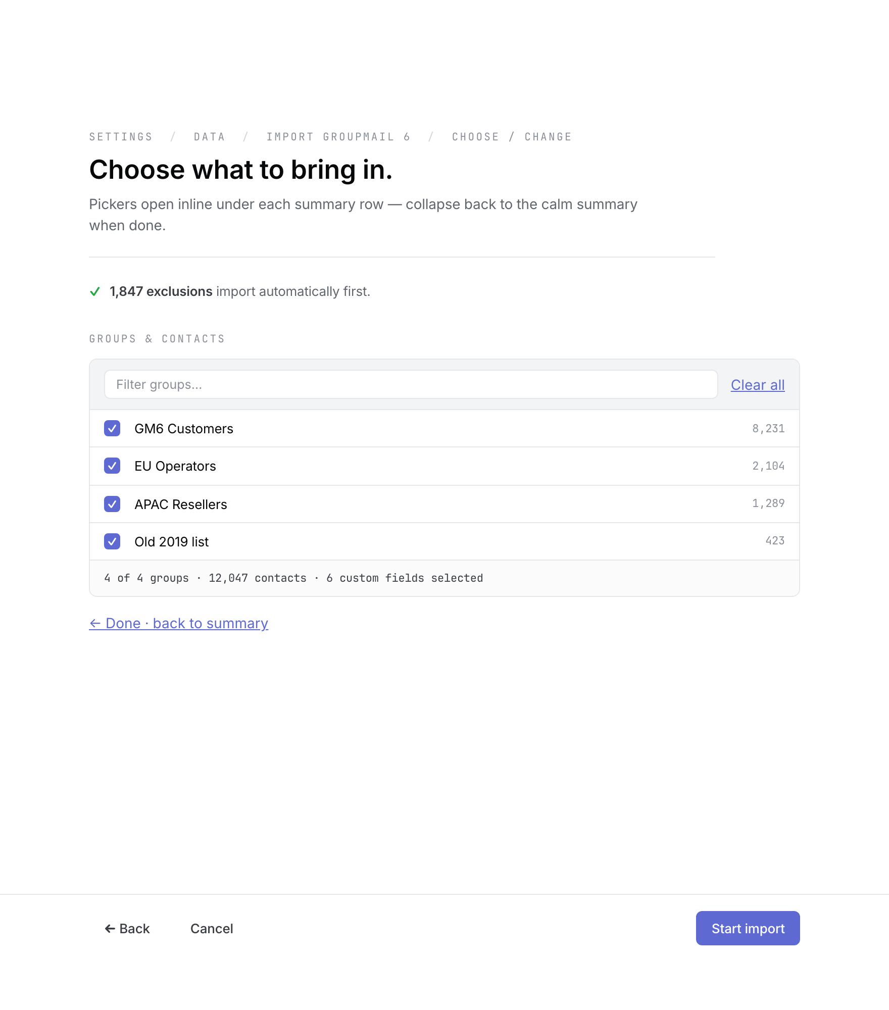 The expanded group picker with selectable GroupMail 6 groups and contact counts.