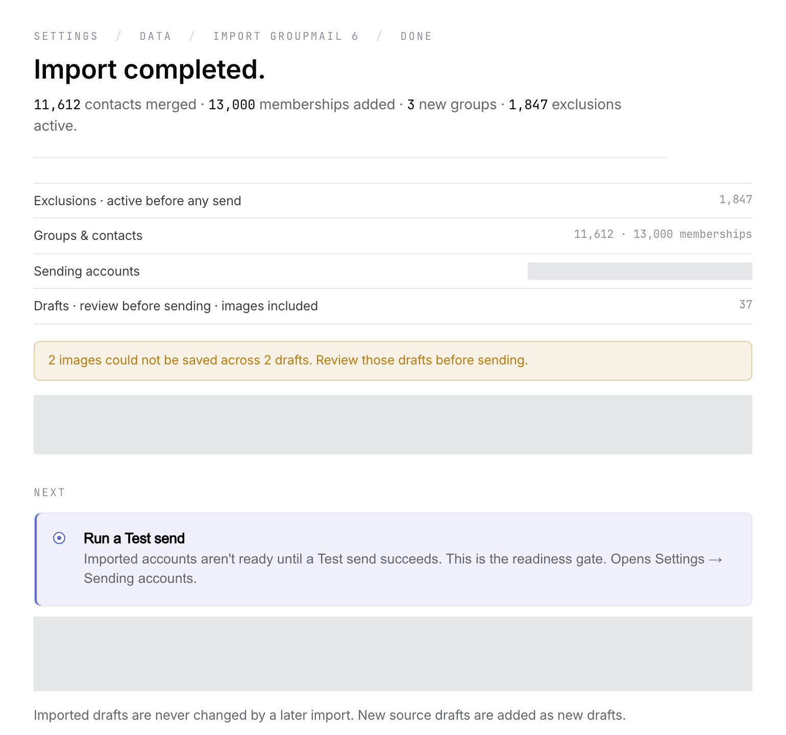 The completed GroupMail 6 import showing fictional migrated totals and the next-step Test send action.