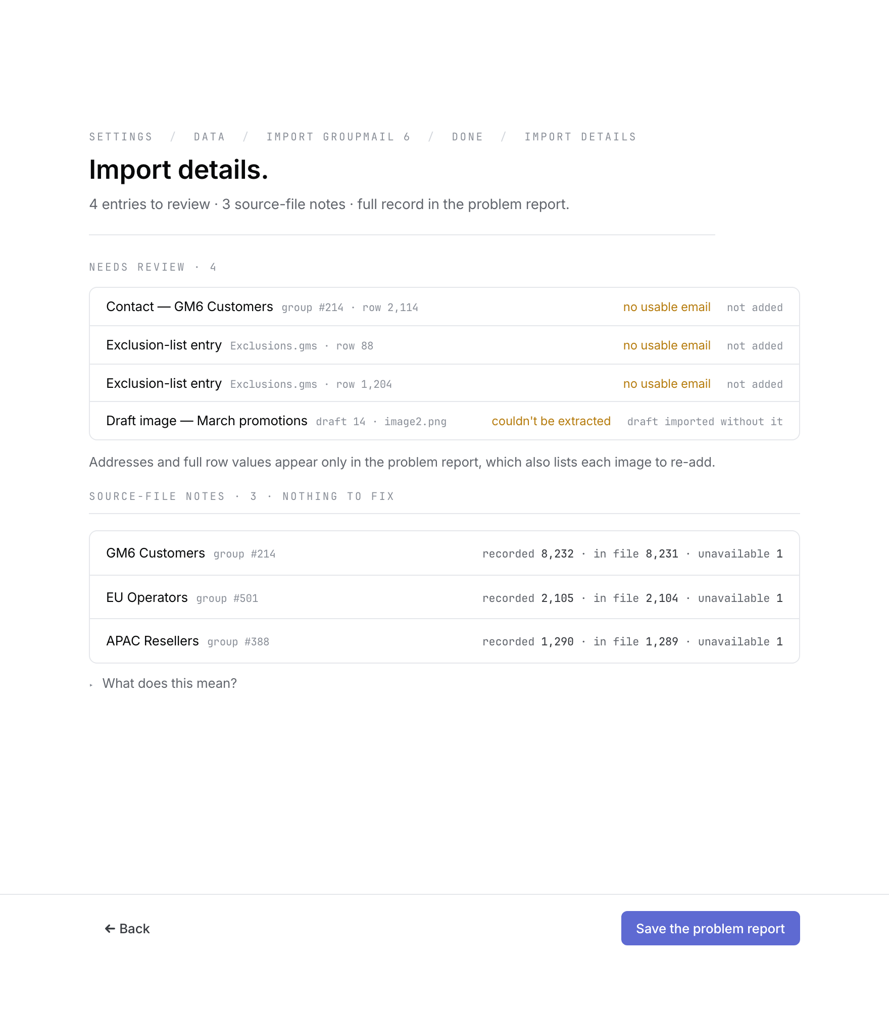 GM6 Import details showing fictional review rows and the local problem-report action.