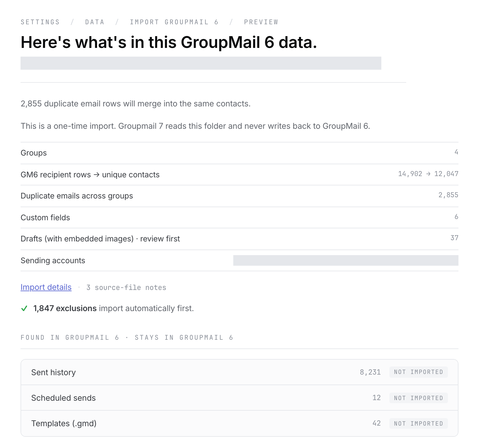 The GroupMail 6 preview showing fictional migration counts, automatic exclusions and items that stay in GroupMail 6.