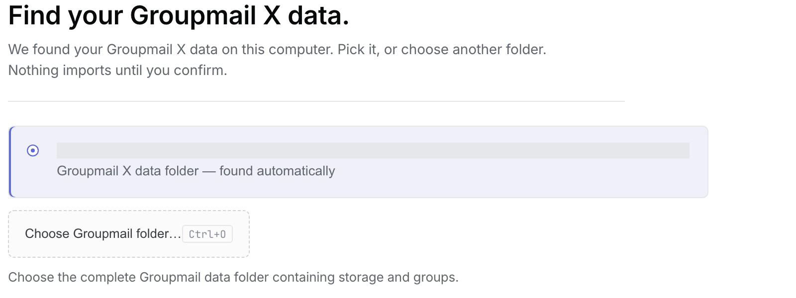 Windows Find screen showing the detected Groupmail X folder and Choose Groupmail folder control.