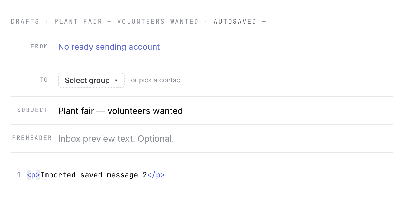 Imported Groupmail X draft open in the HTML source editor with its subject and editable source.