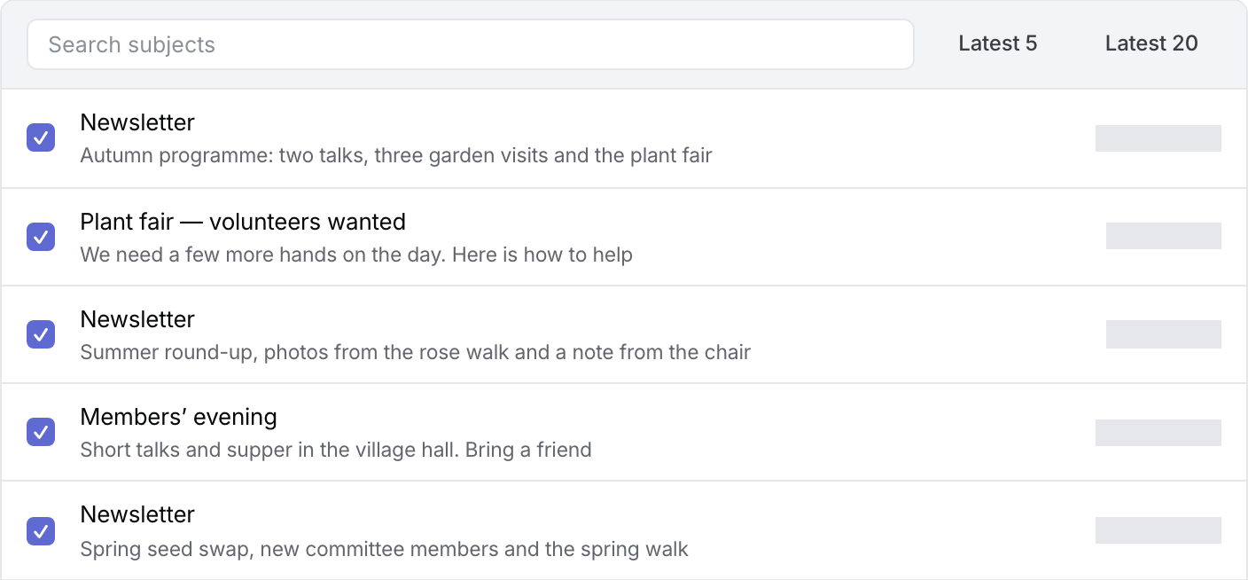 Saved-message picker with search, Latest 5 and Latest 20 controls and five selected messages.
