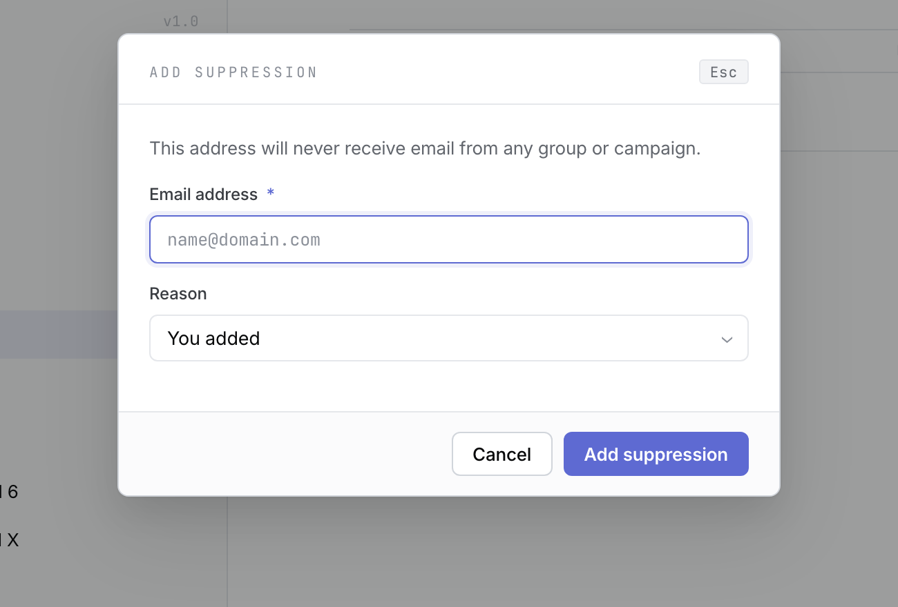 The Add suppression dialog with an email address field and reason selector.