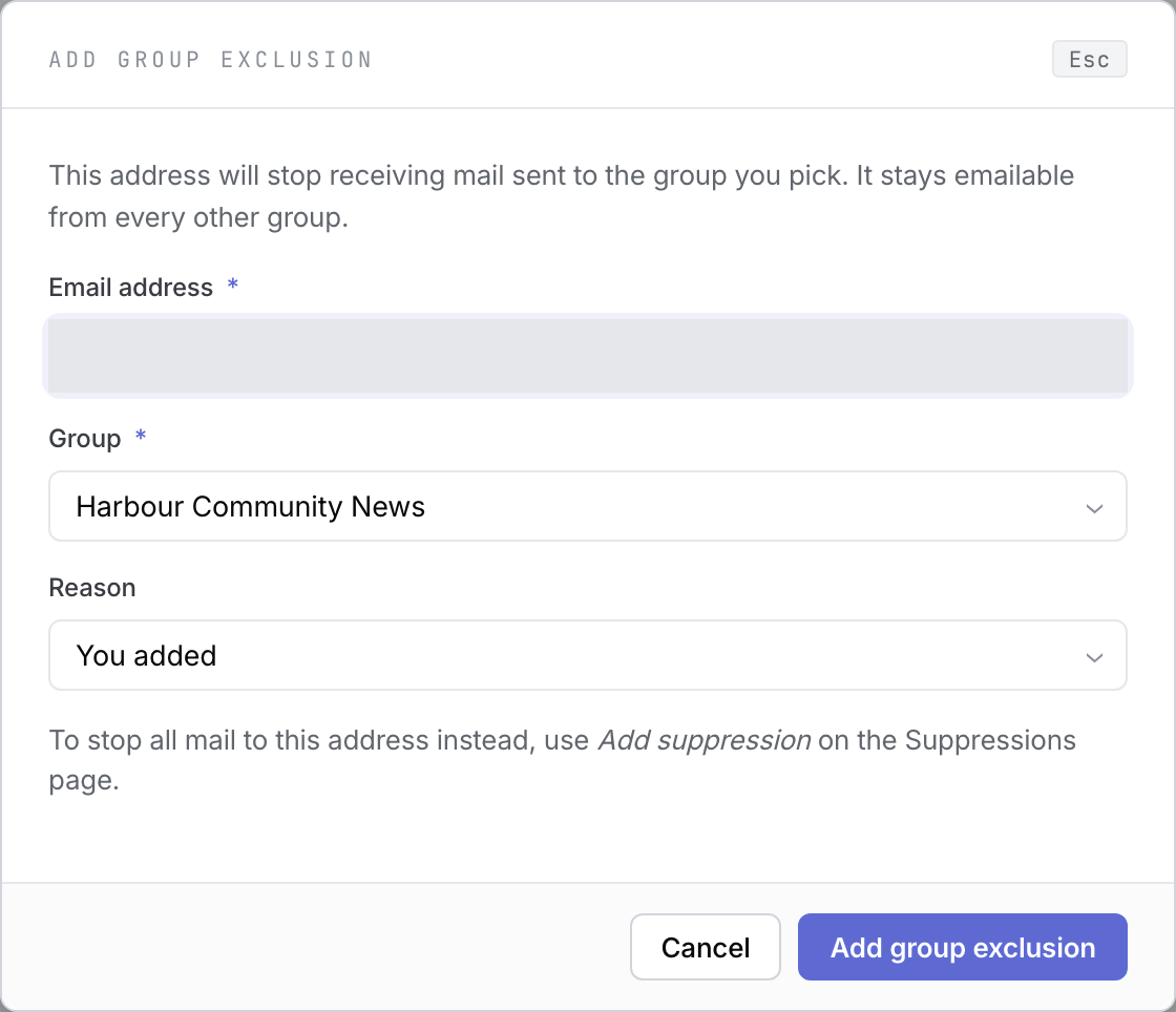 The Add group exclusion dialog with an address field privacy-masked and Harbour Community News selected.