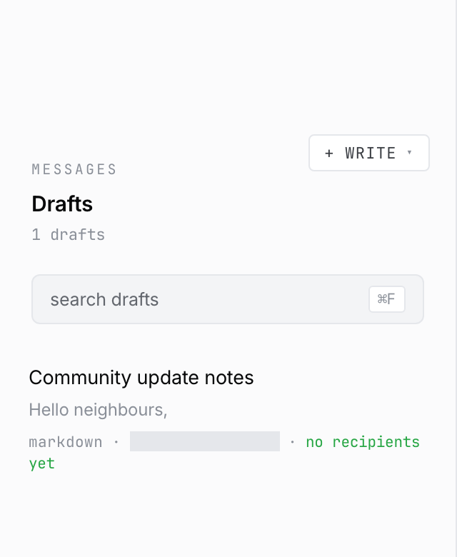 The Drafts list showing a fictional Markdown message with its relative autosave time privacy-masked.