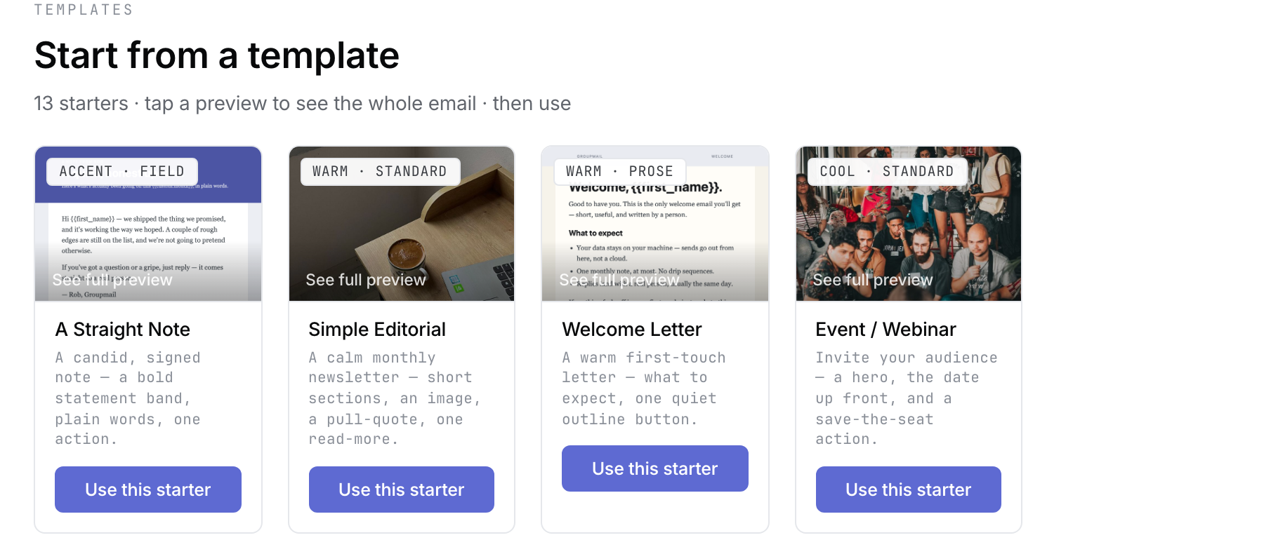 The current Start from a template gallery identifies thirteen starters and shows the first row.