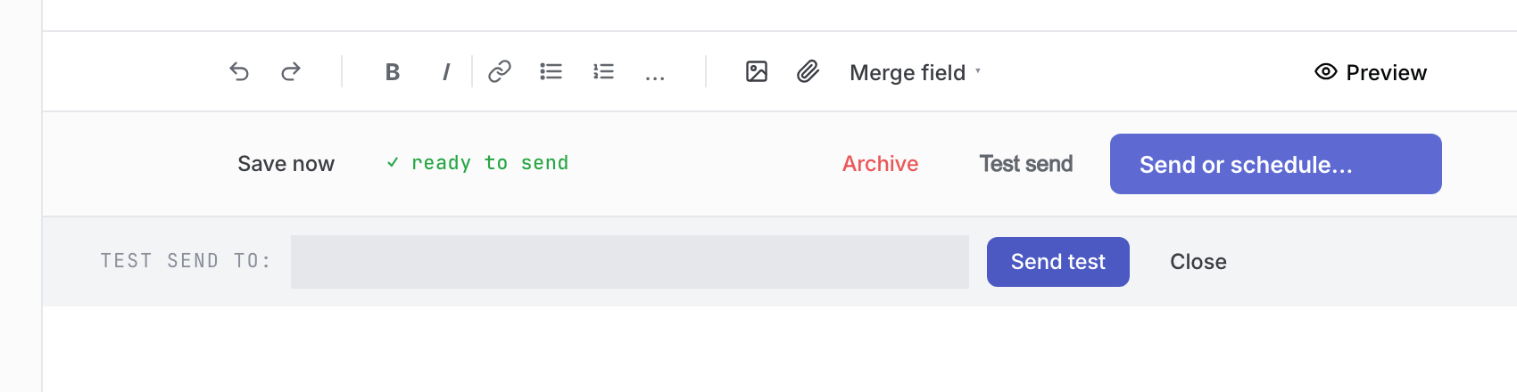 The Test send row below the draft footer, with a masked test address, Send test and the Send or schedule… button.