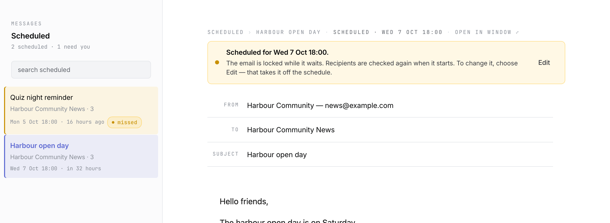 Scheduled list with two fictional messages and the selected message showing Scheduled for Wed 7 Oct 18:00 and Edit.