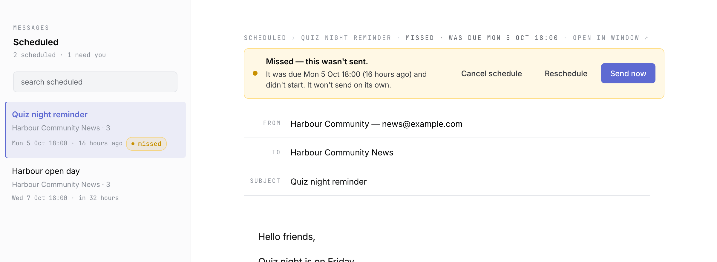 A fictional scheduled message marked missed, with Missed — this wasn't sent and the Cancel schedule, Reschedule and Send now actions.