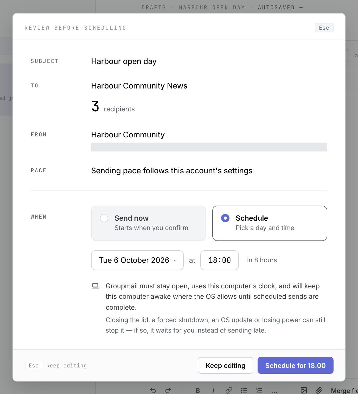 Review before scheduling with Schedule selected, a day picker, the time 18:00, the stay-open note and Schedule for 18:00.