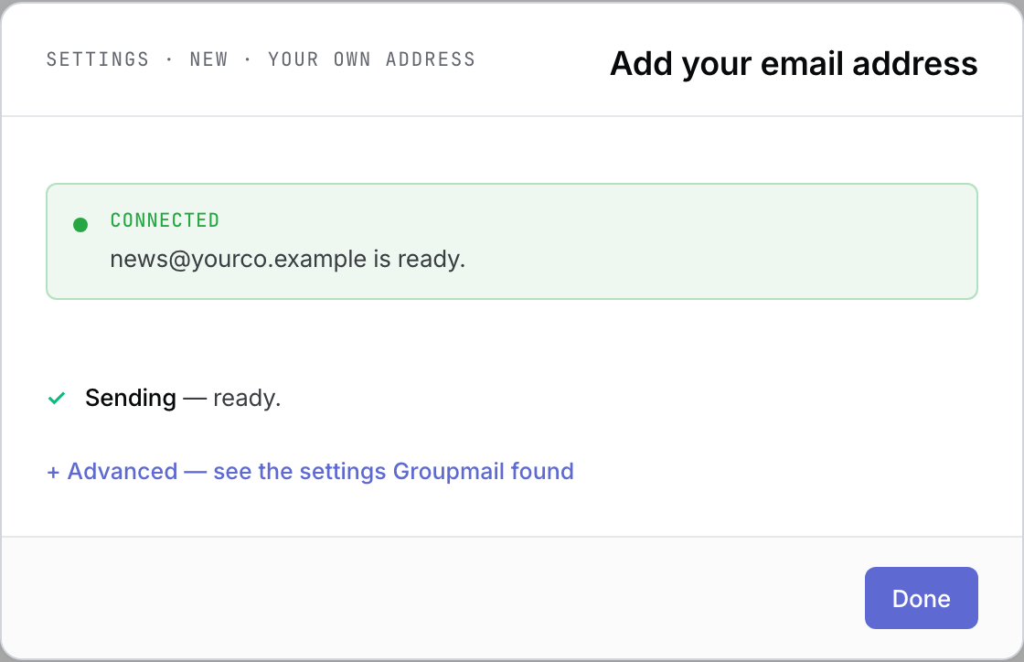 Add your email address dialog showing CONNECTED, the address is ready, Sending — ready. and Done.