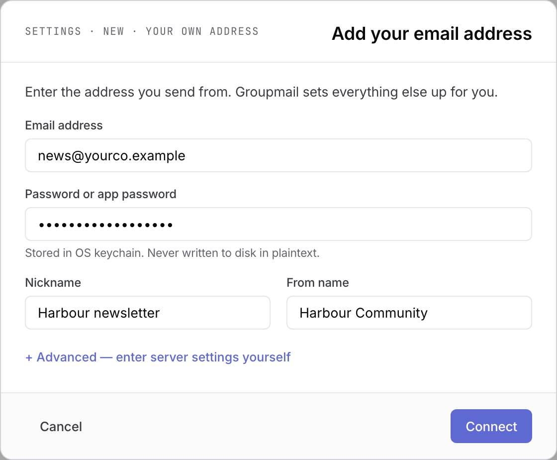 Add your email address dialog with a fictional email address, masked password, Nickname, From name, the Advanced link and Connect.