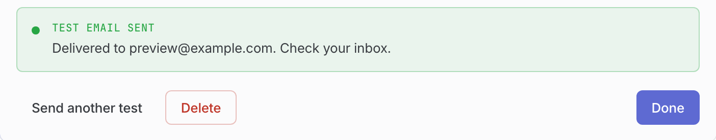 Sending account confirmation showing Test email sent to a fictional inbox.