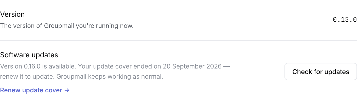 Software update shows a newer version outside update cover and the Renew update cover link.