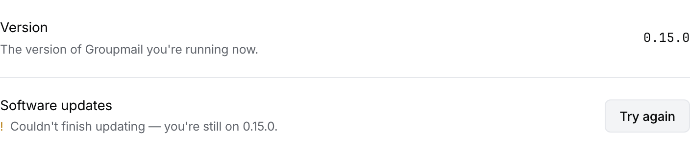 Software update shows the installed version after a failed update and a Try again action.