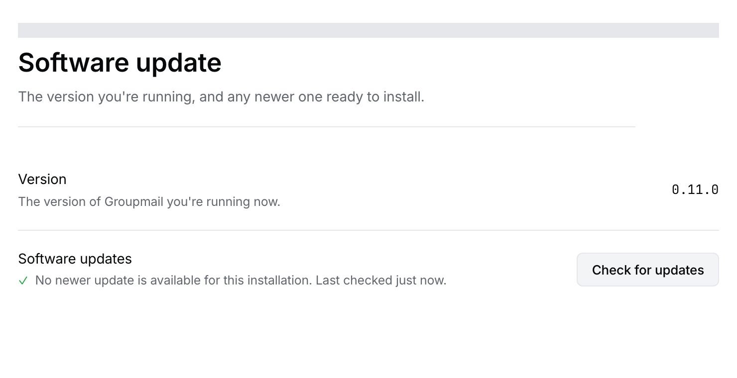 The Groupmail 7 Software update screen showing an installed release is up to date.