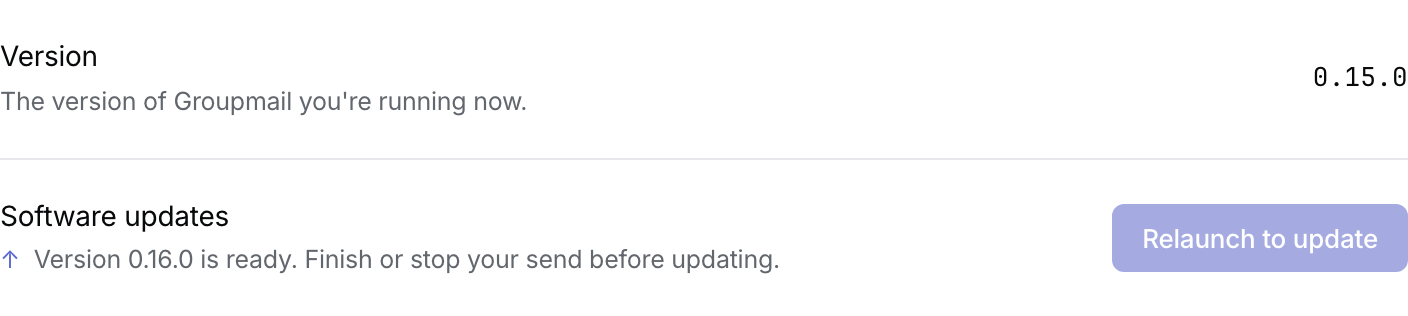 Software update explains that a send must finish or stop and disables Relaunch to update.