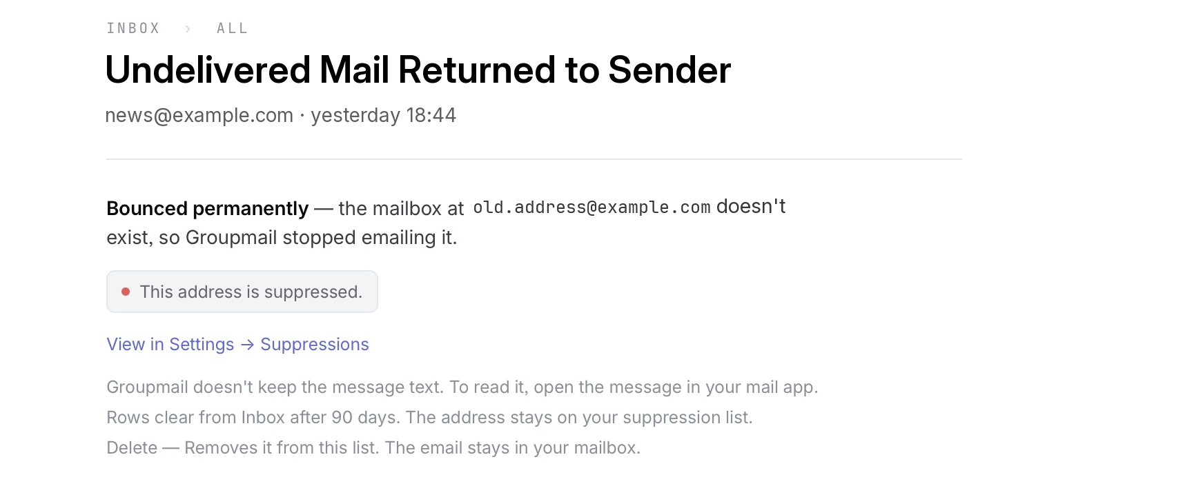 A handled bounce saying the mailbox doesn't exist so Groupmail stopped emailing it, with This address is suppressed and a View in Settings → Suppressions link.