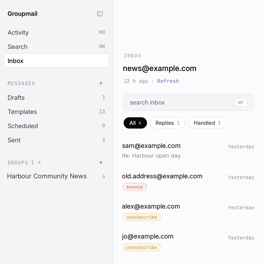 Groupmail sidebar with Inbox selected, and the Inbox list showing one reply, one permanent bounce and two unsubscribe requests under the filters All, Replies and Handled.