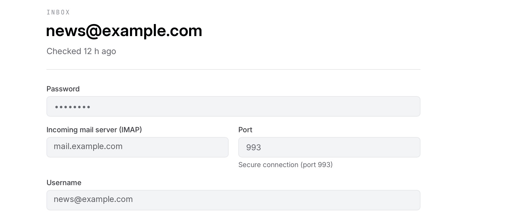A connected mailbox showing its masked password, incoming mail server, port 993 with a secure connection, and username.